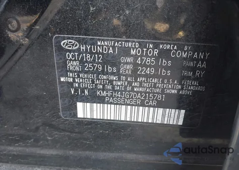 2013 Hyundai Azera из США, поврежденный, VIN KMHFH4JG7DA215781